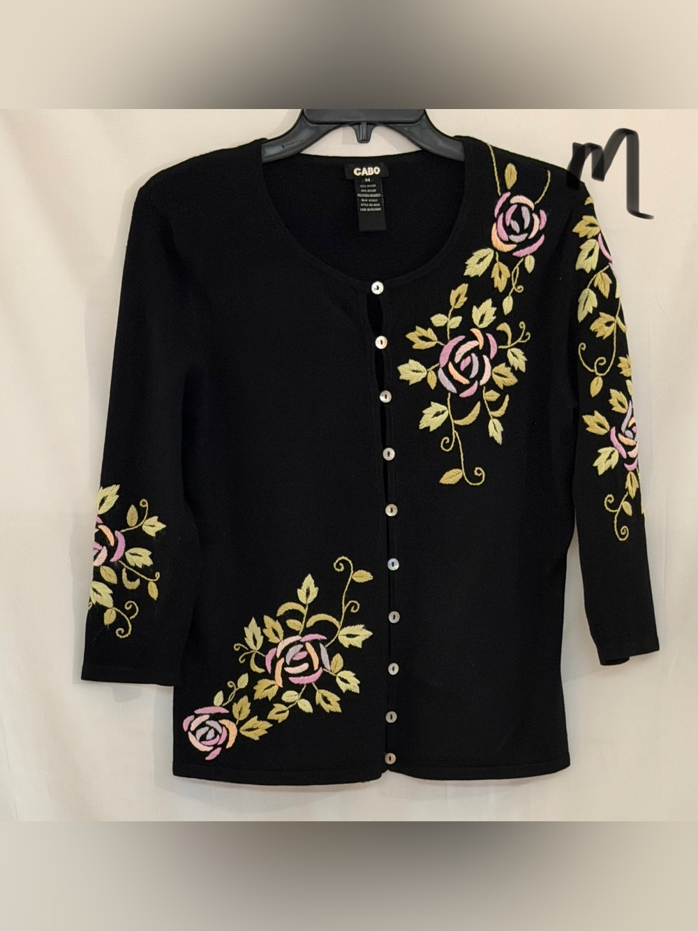 CABO Black Floral Embroidered Button-Front Cardigan with Pink Roses